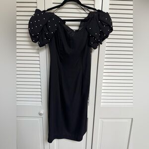 Off the shoulder black size 10 cocktail dress w/pearl accented   ruffled sleeves